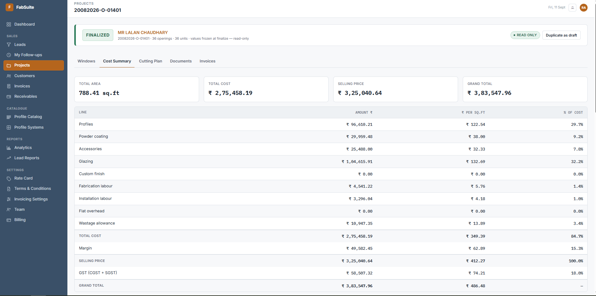 FabSuite's cost summary screen, showing profiles, accessories, glazing, labour, overhead, margin, and GST itemized to the paisa