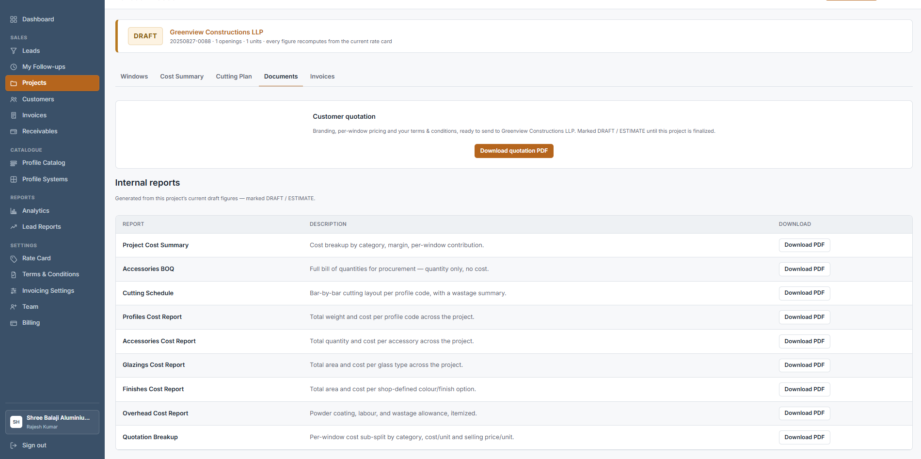 FabSuite's documents screen, showing a downloadable customer quotation PDF and a list of internal-only reports