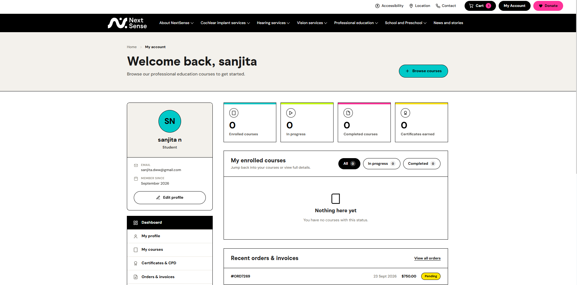 The rebuilt NextSense student account dashboard, showing enrolled courses, certificates, and recent orders