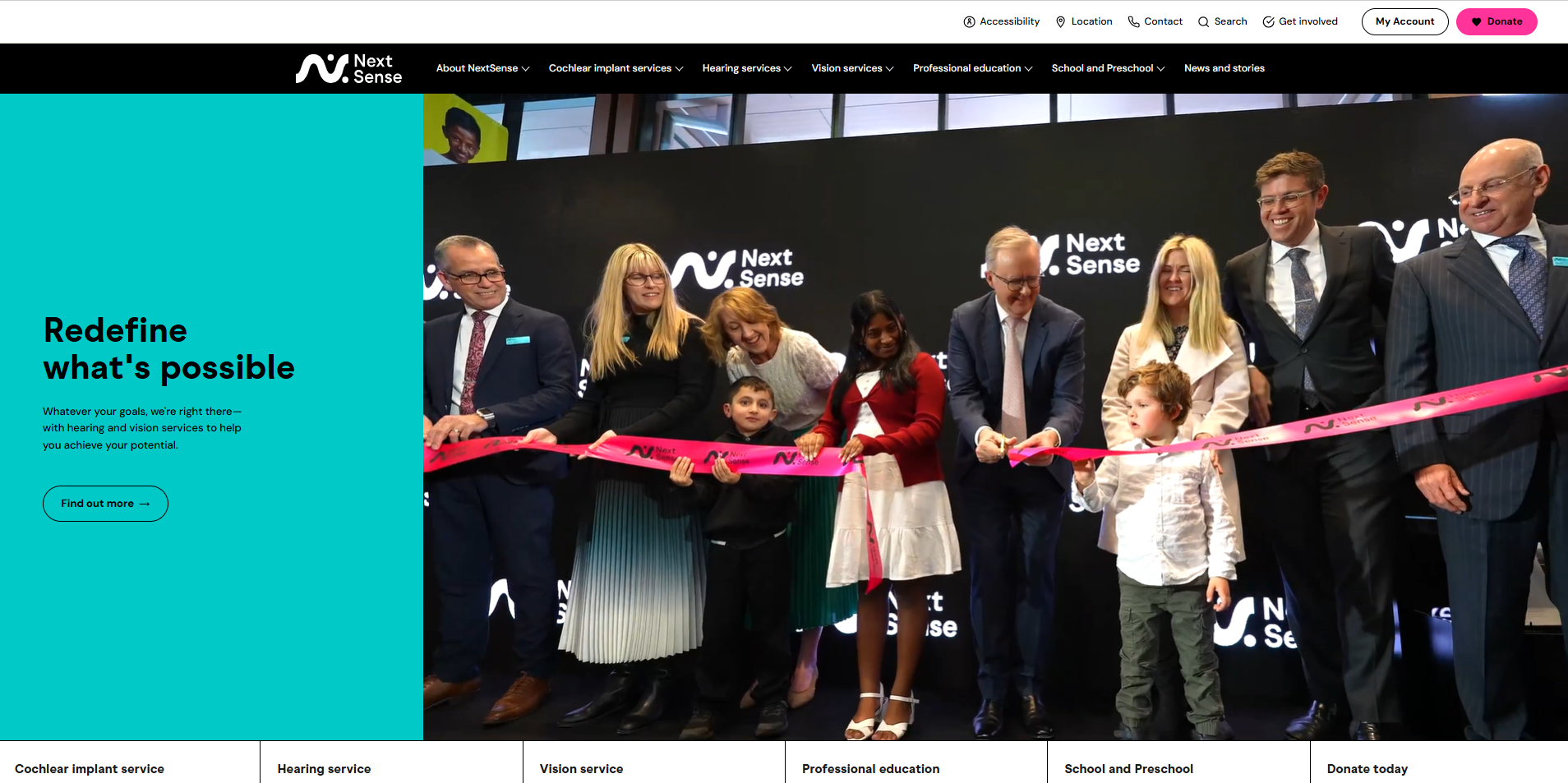 NextSense's public homepage, an Australian organisation delivering cochlear implant, hearing and vision services alongside professional education
