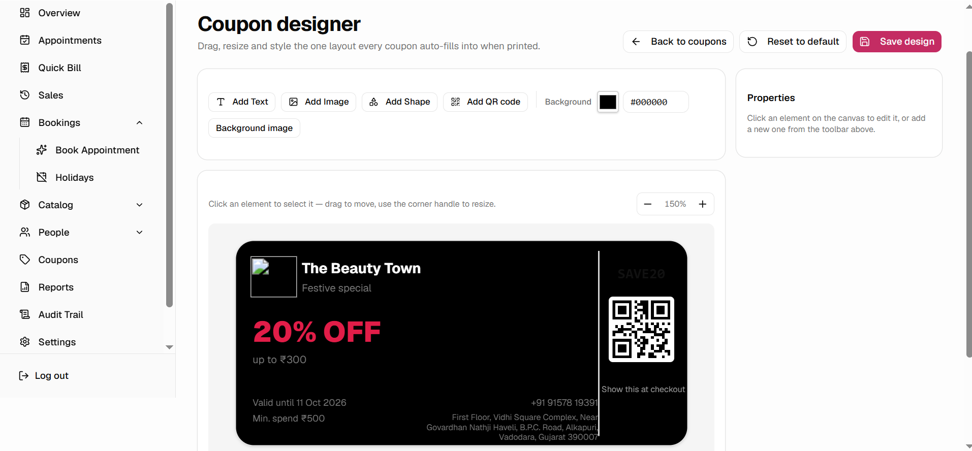 SalonBook's coupon designer, showing a drag-and-drop editor for a branded discount coupon with a QR code