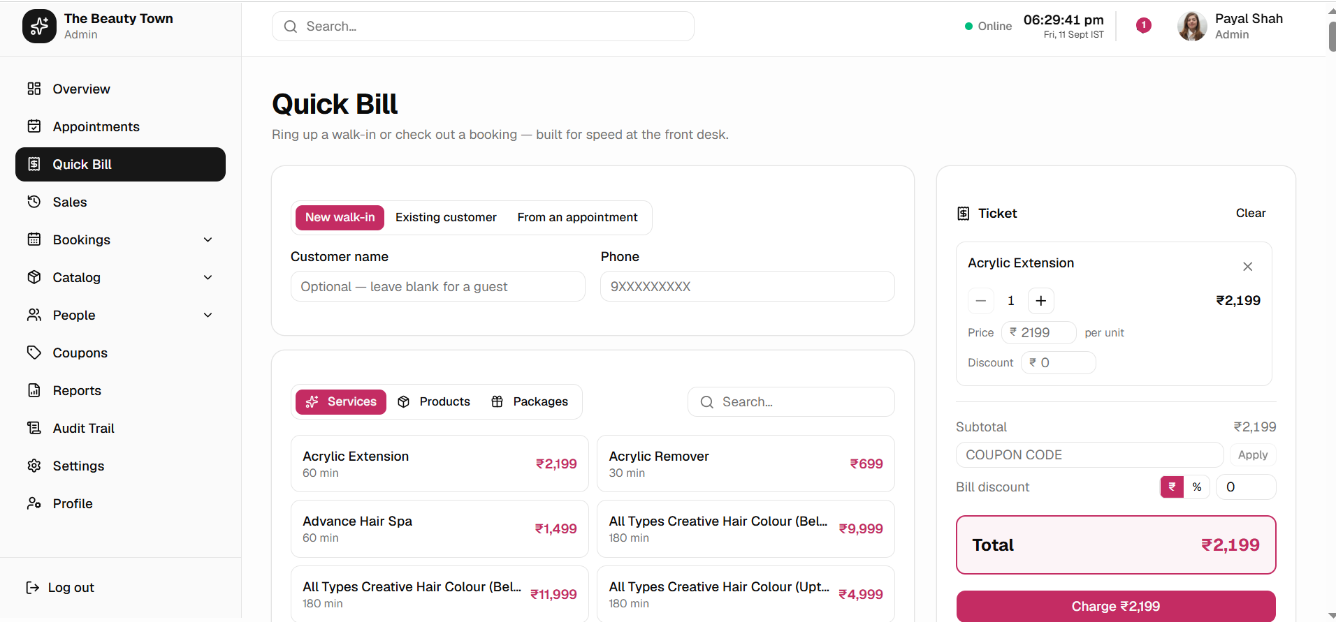 SalonBook's Quick Bill screen, ringing up a walk-in with services, discounts, and a running total ready to charge